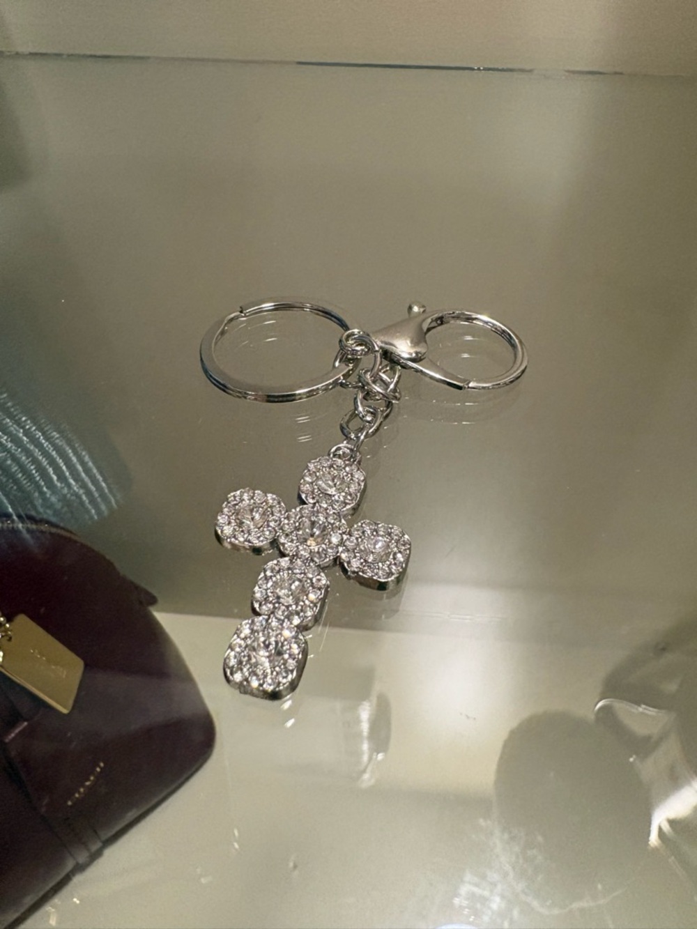 Crystal Cross Keychain - Silver Rhinestone Accent - Picture 1 of 2